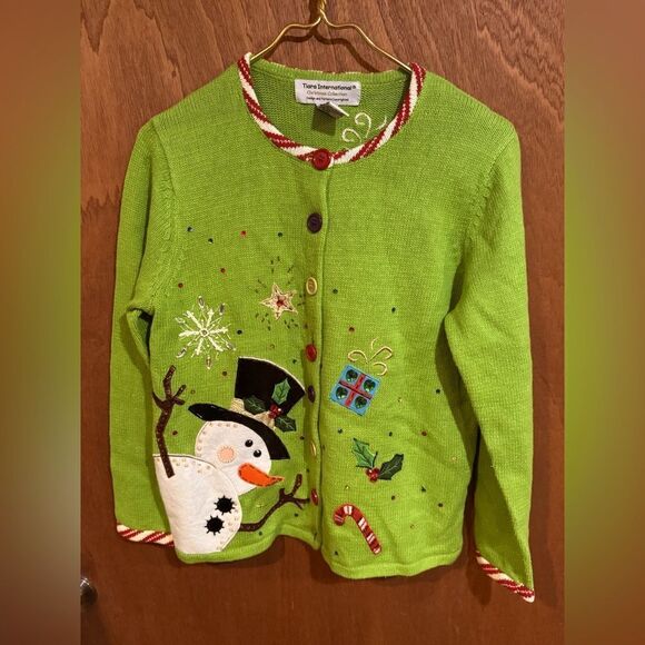 Tiara International Christmas Collection Green Snowman Sweater Size S - Picture 1 of 10